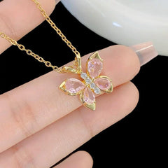 Stainless Steel Pink Crystal Butterfly Korean Necklace – Gold Polish