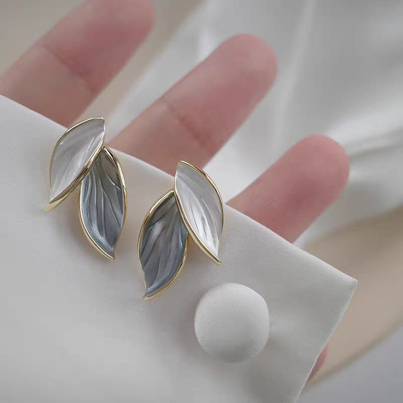 New Korean Arrival Grey Leaf Stud Earrings – 925 Sterling Silver